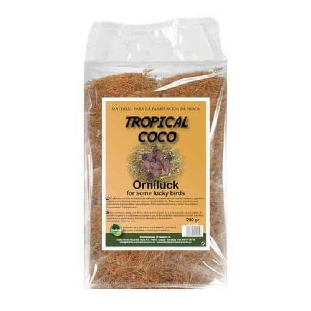 Materiales para aves tropicales, coco natural, enriquecen el hábitat de pájaros.