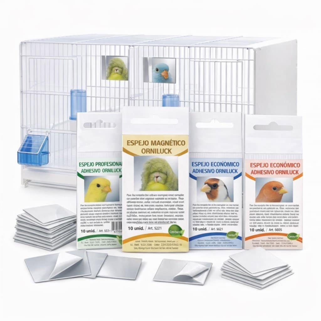 Jaula de aves con accesorios, espejos y perchas para canarios y pequeños pájaros en interior.