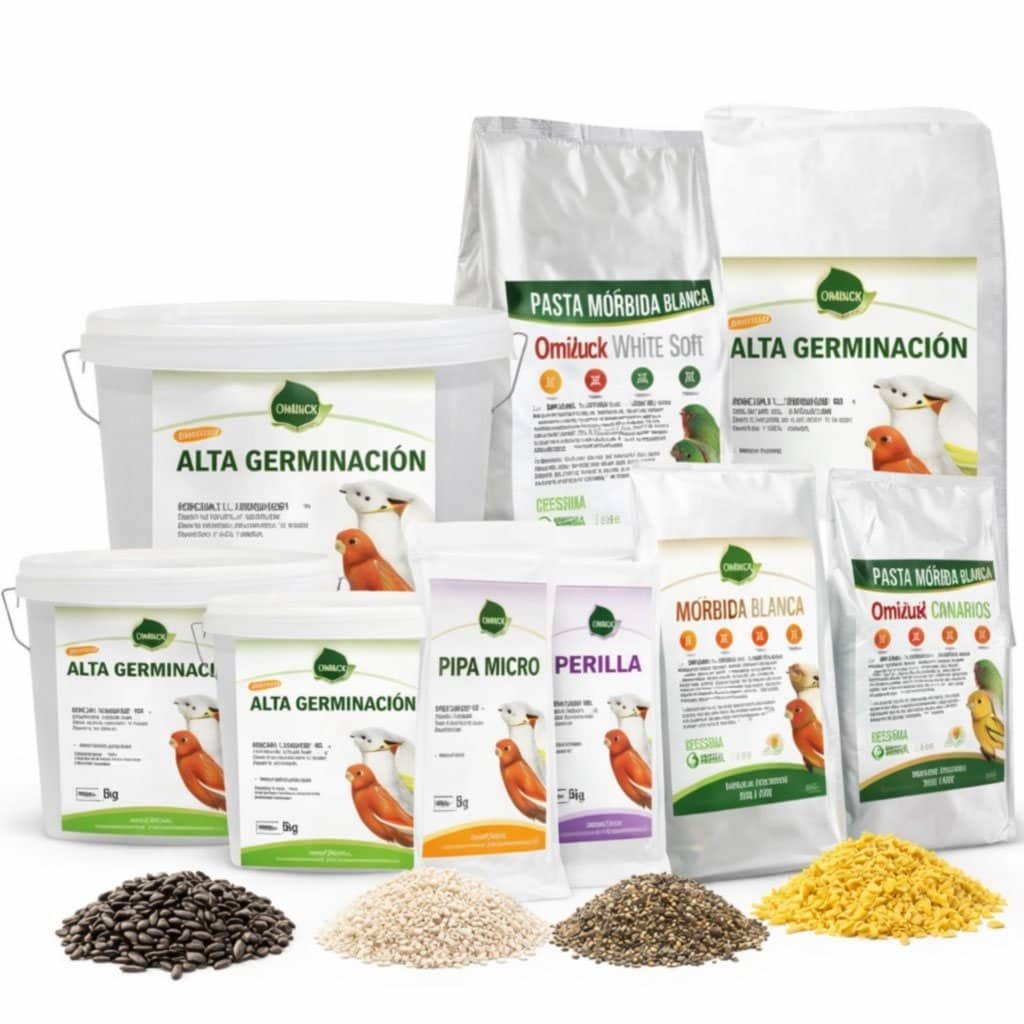 Alimentos para aves con semillas y suplementos, alta germinación y calidad garantizada.